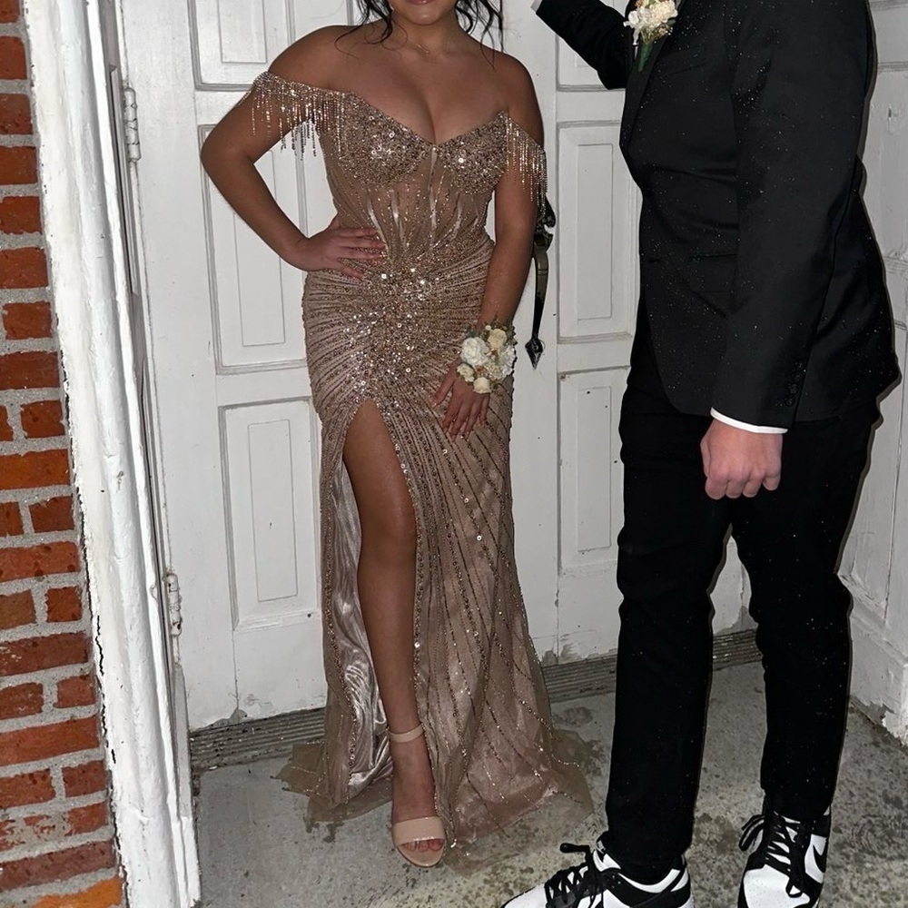 Beaded gold corset prom dress, formal dress, gala gown or pageant evening gown